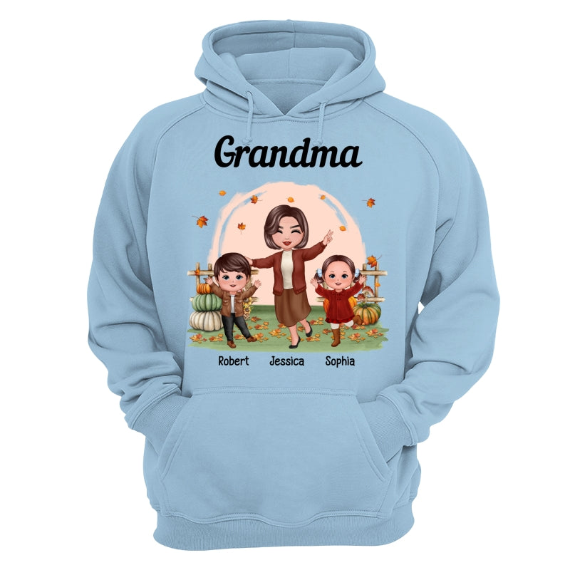 Fall Season Happy Doll Grandma And Grandkids In The Pumpkin Patch Personalized Shirt