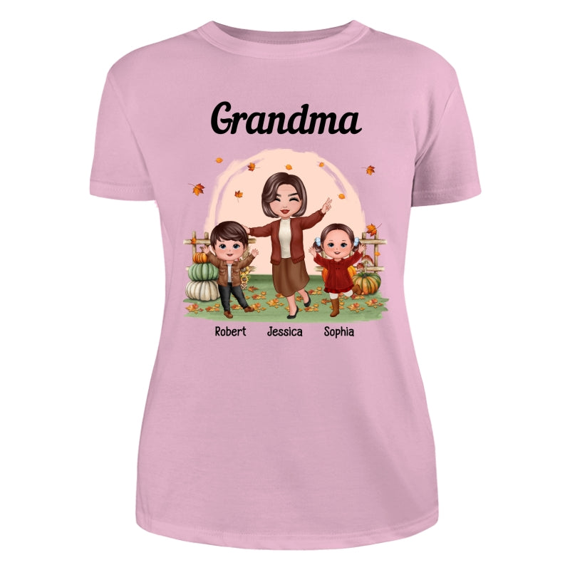 Fall Season Happy Doll Grandma And Grandkids In The Pumpkin Patch Personalized Shirt