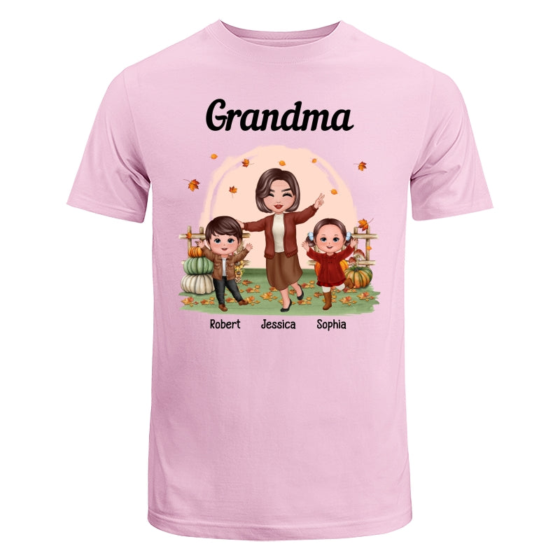 Fall Season Happy Doll Grandma And Grandkids In The Pumpkin Patch Personalized Shirt
