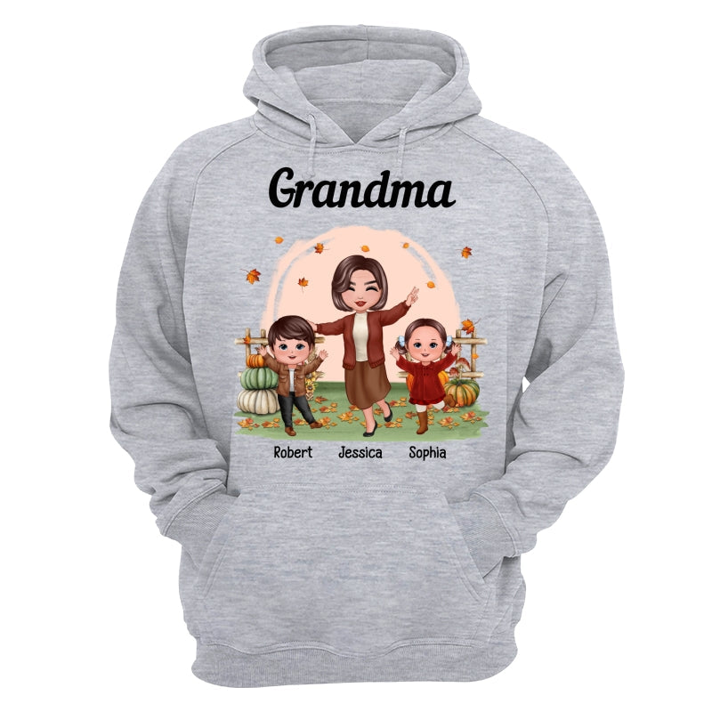 Fall Season Happy Doll Grandma And Grandkids In The Pumpkin Patch Personalized Shirt
