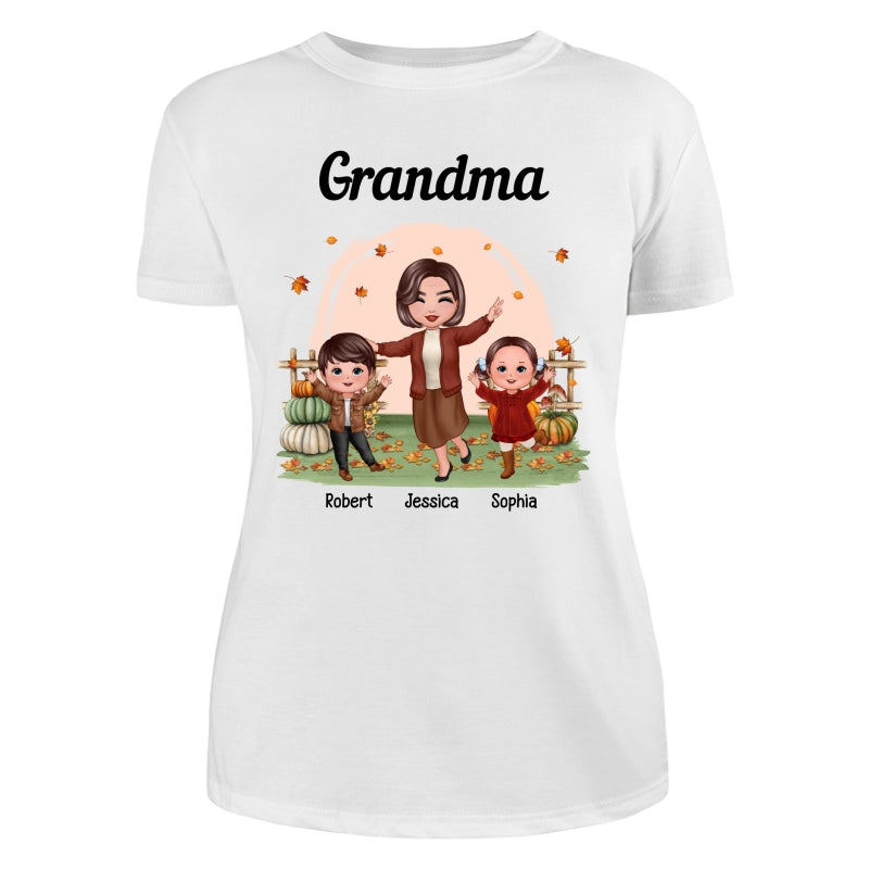 Fall Season Happy Doll Grandma And Grandkids In The Pumpkin Patch Personalized Shirt