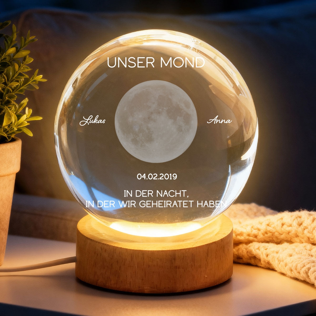 Unser Mond zum Wunschdatum – Personalisierte Mondphase – Kristallkugel Nachtlicht – Jahrestagsgeschenk fr Sie & Ihn