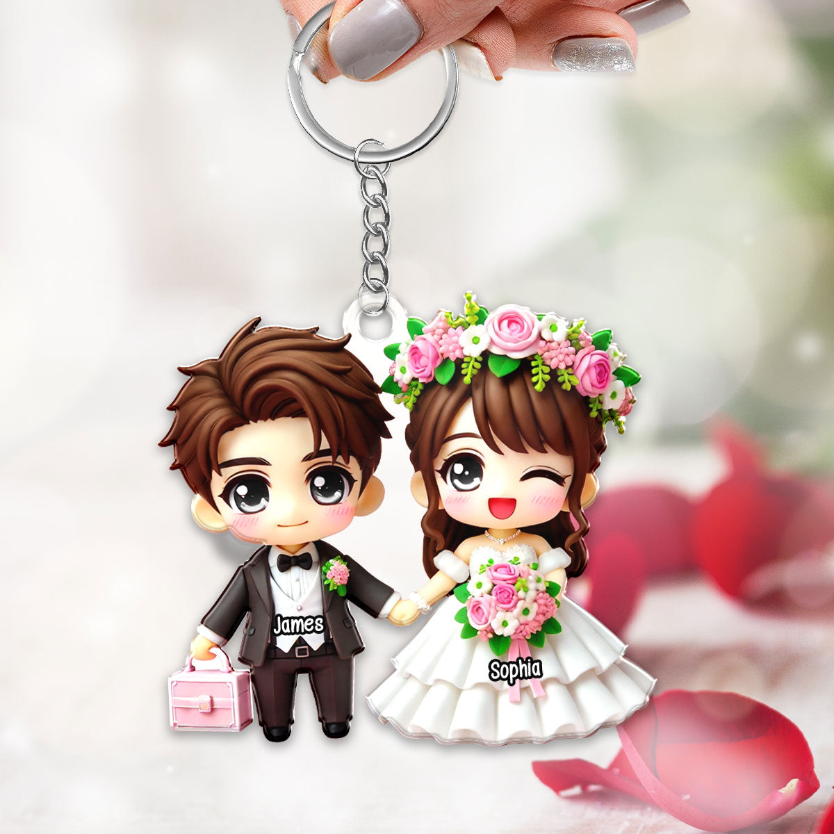 3D Effect Wedding Cartoon Chibi Couple Personalized Acrylic Keychain, Gift for him, Gift for her