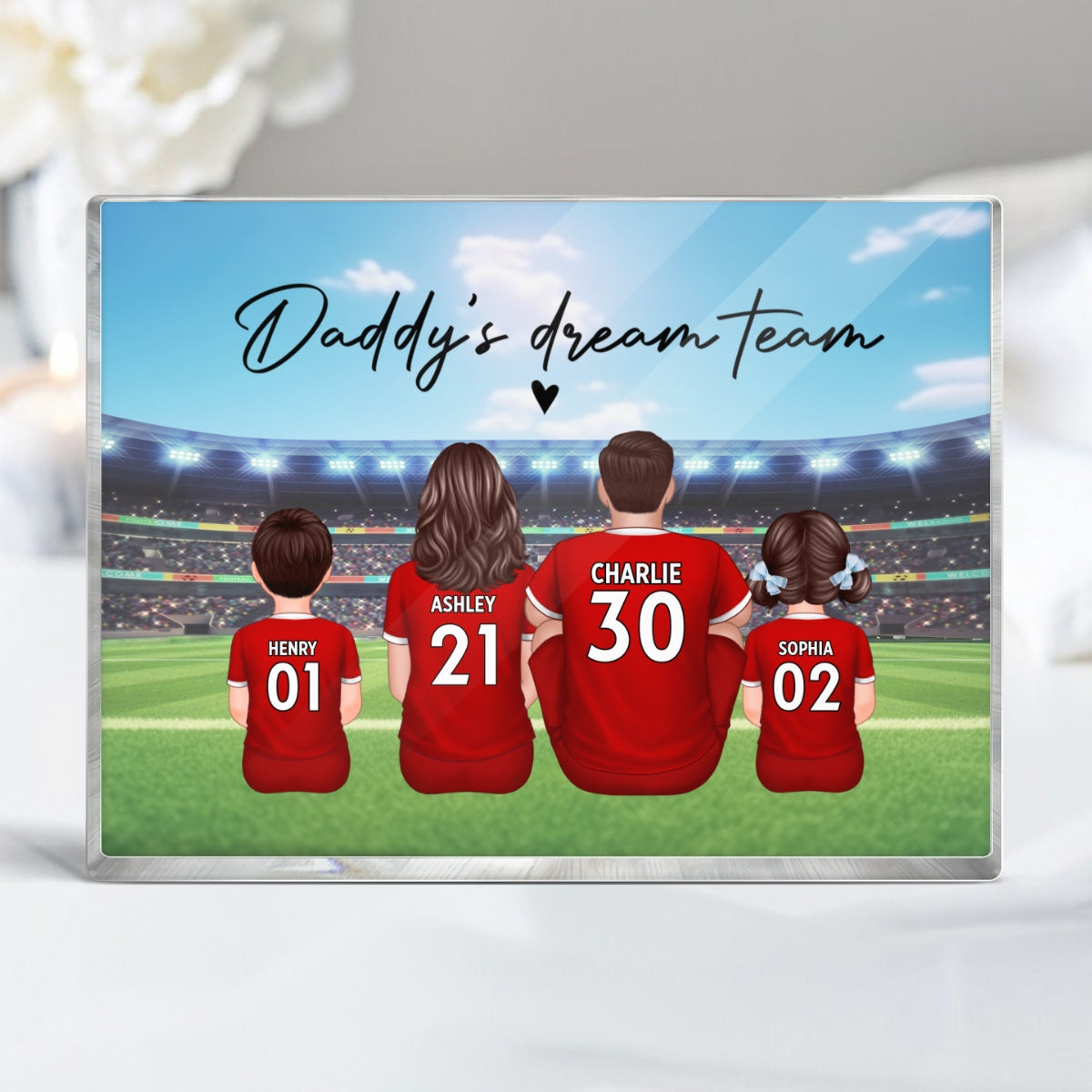 Daddy's Team Soccer Family Sitting Back View Personalized Acrylic Block,  Gift