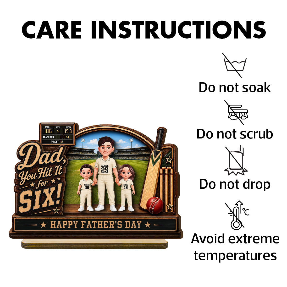 Hit A Six With The Best Dad Cricket Dad & Kids On Court - Personalised 2-Layered Wooden Plaque -  Gift For Husband, Dad