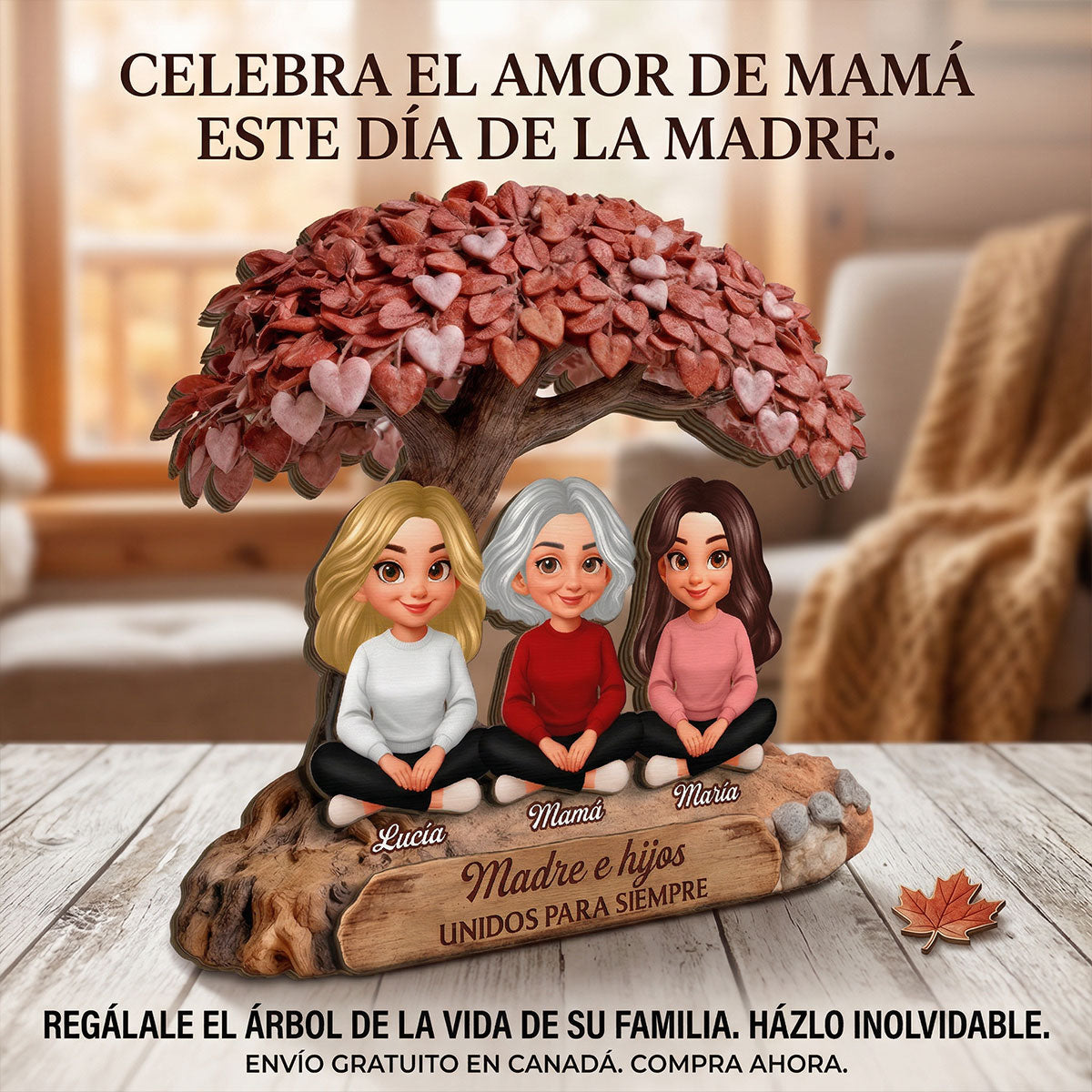 Mam y Hija Hijo Bajo el rbol del Corazn - Placa de Madera Personalizada de 2 Capas - Regalo para Mam