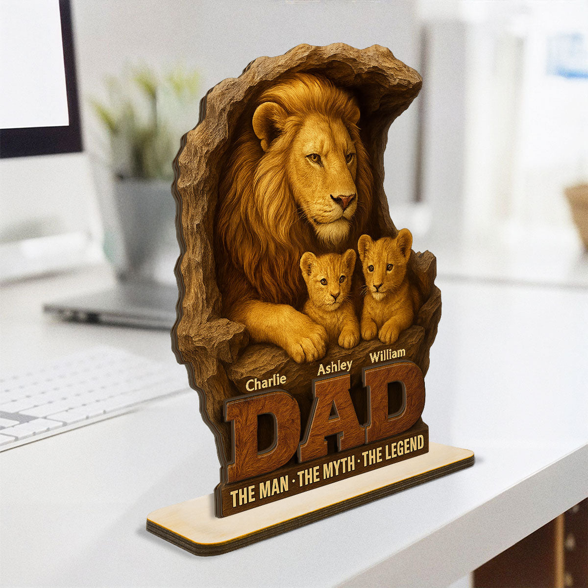 Lion Dad And Kids Personalized 2- Layer Standing Wooden Plaque, Unique  Gift For Dad