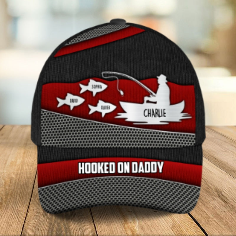 Hooked On Fishing Papa Dad Metal Printed Personalized Classic Cap