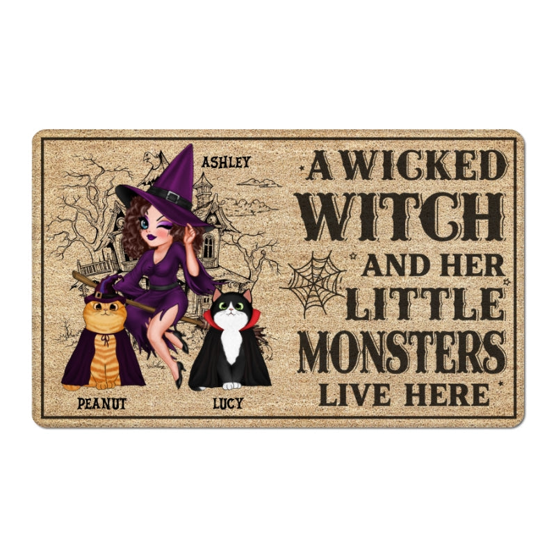 Doll Wicked Witch On Broom And Little Monsters Fluffy Cats Live Here Personalized Doormat