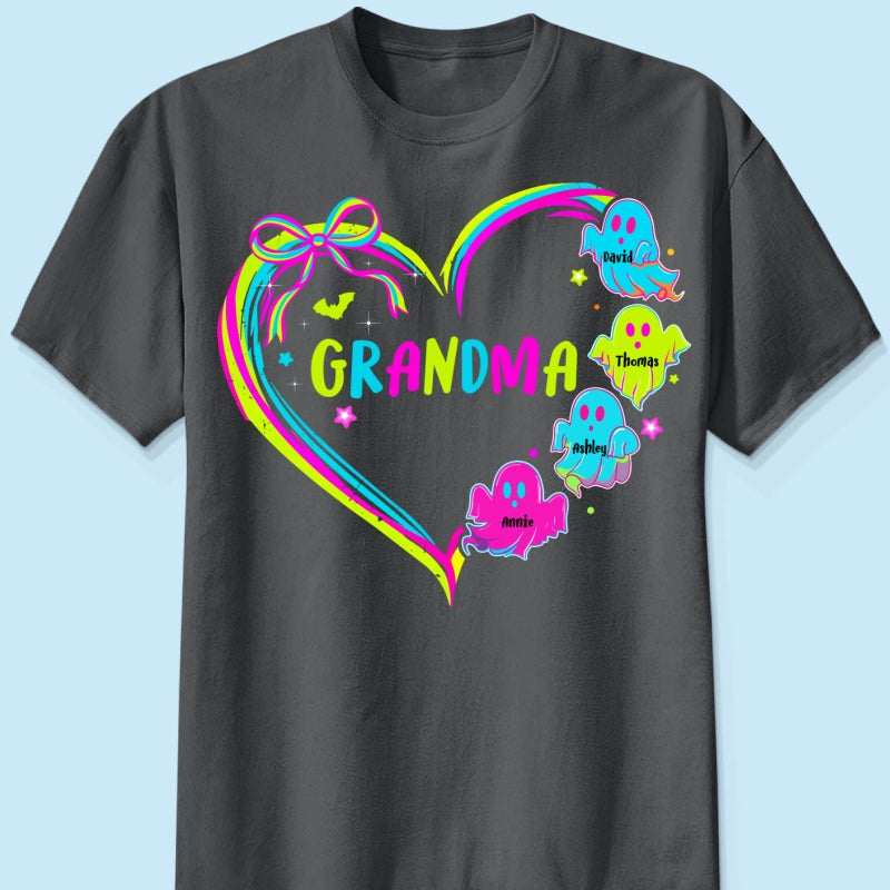 Halloween Preppy Style Neon Colors Boo Kids Names Grandma Heart Personalized Shirt