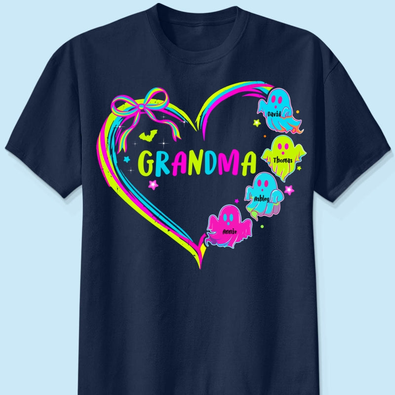 Halloween Preppy Style Neon Colors Boo Kids Names Grandma Heart Personalized Shirt