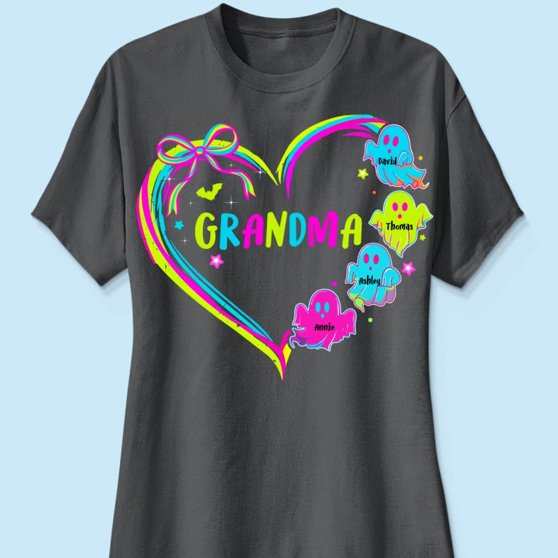 Halloween Preppy Style Neon Colors Boo Kids Names Grandma Heart Personalized Shirt