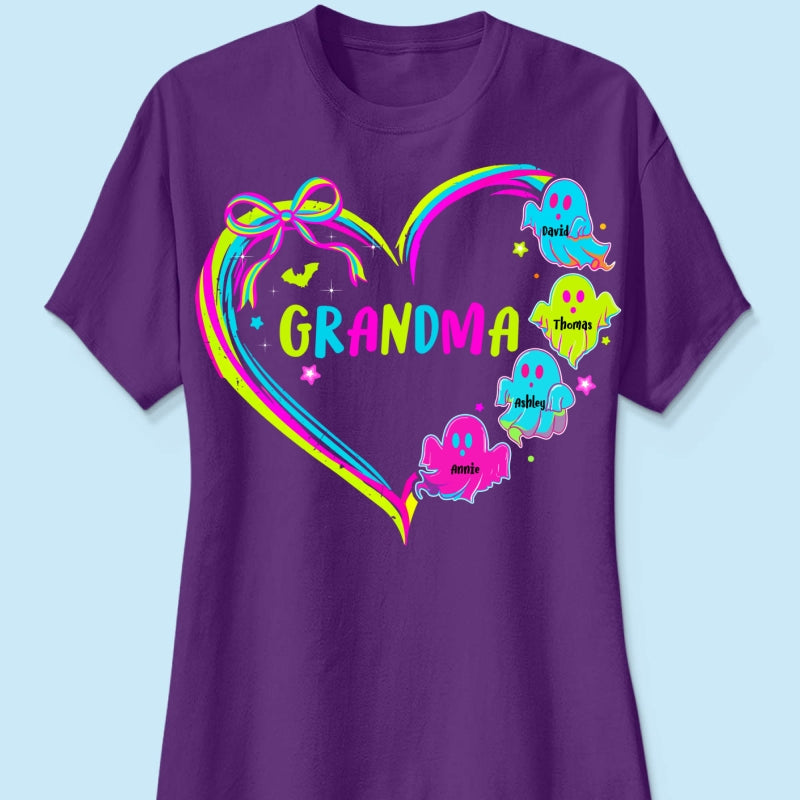 Halloween Preppy Style Neon Colors Boo Kids Names Grandma Heart Personalized Shirt