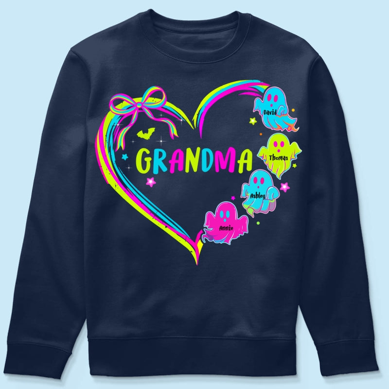 Halloween Preppy Style Neon Colors Boo Kids Names Grandma Heart Personalized Shirt