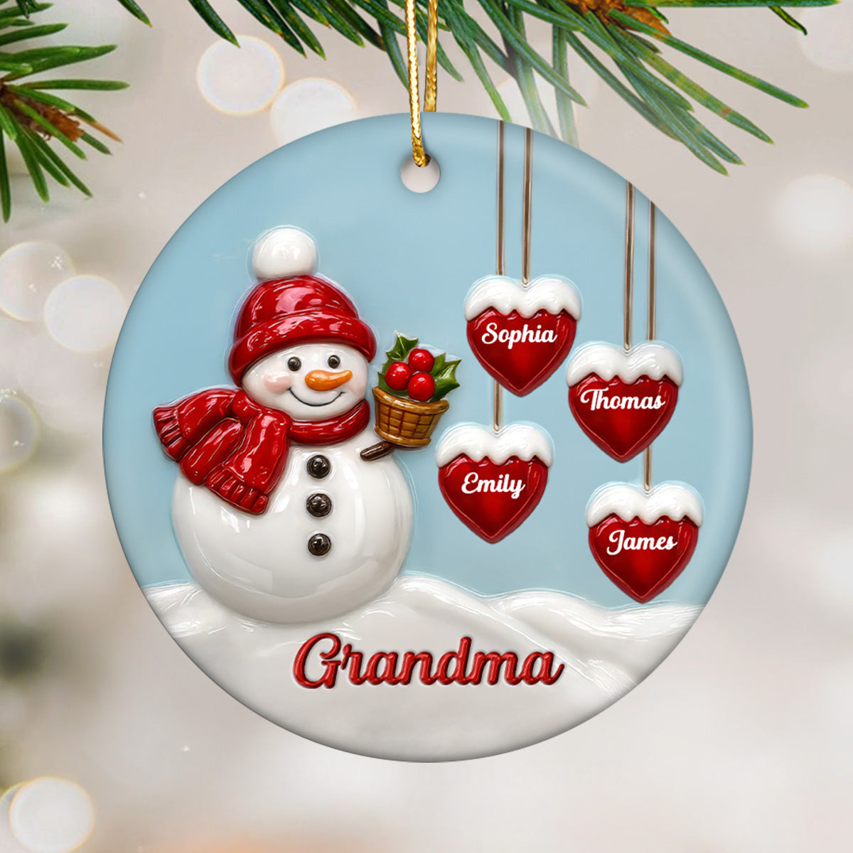 3D Effect Grandma Snowman - Personalized Ceramic Ornament - Christmas Decor For Grandma