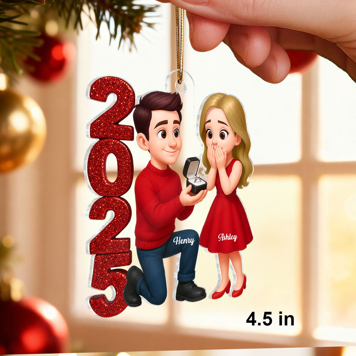 3D Glitter Effect 2025 Marriage Proposal Couple - Personalized Acrylic Ornament - Newly Engaged Gift, ""She Said Yes!"" Ornament