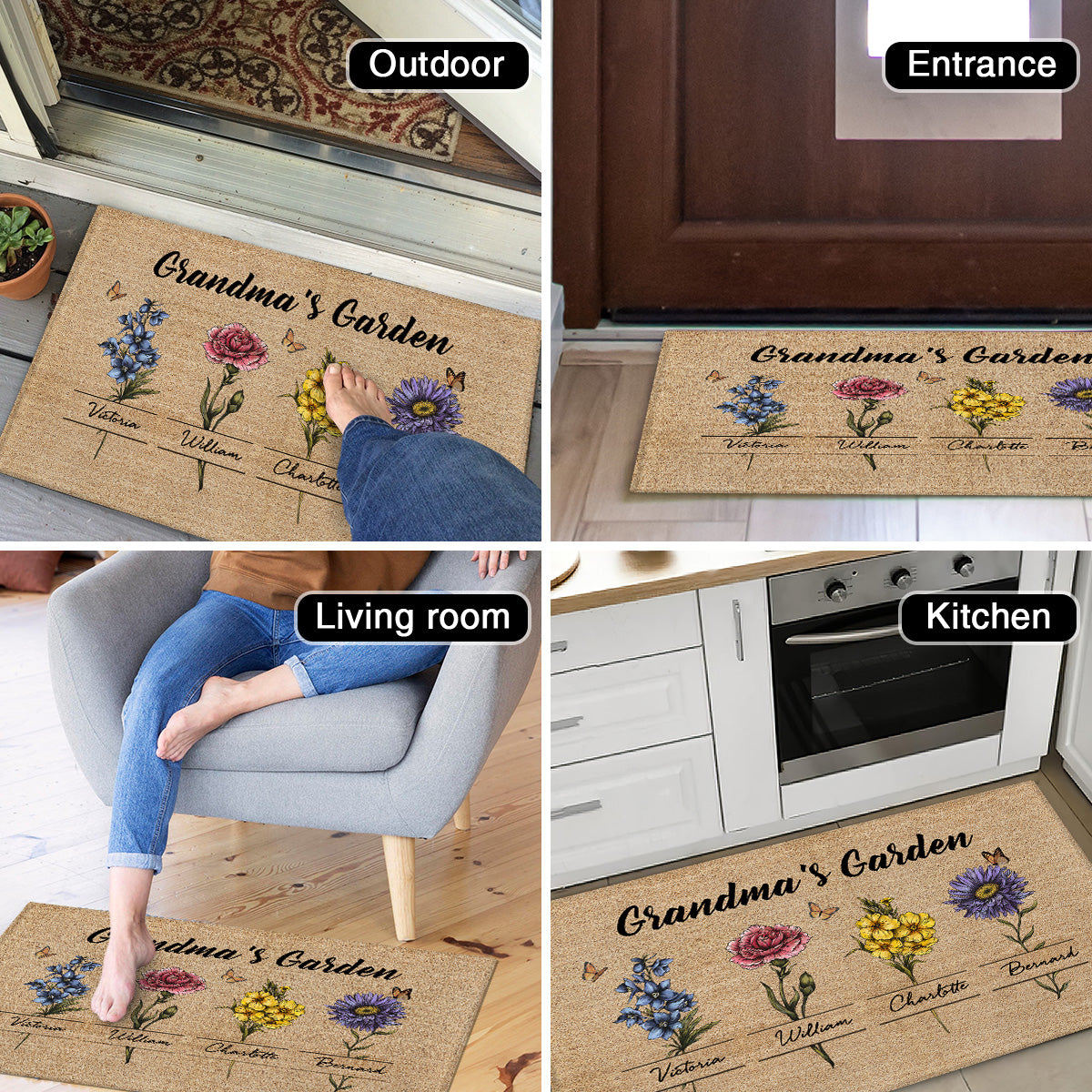Gift For Grandma Grandma‘s Garden Beautiful Vintage Birth Month Flower With Names Personalized Doormat