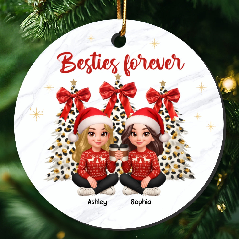 Besties Forever Leopard Coquette Christmas Tree - Personalized Ceramic Ornament