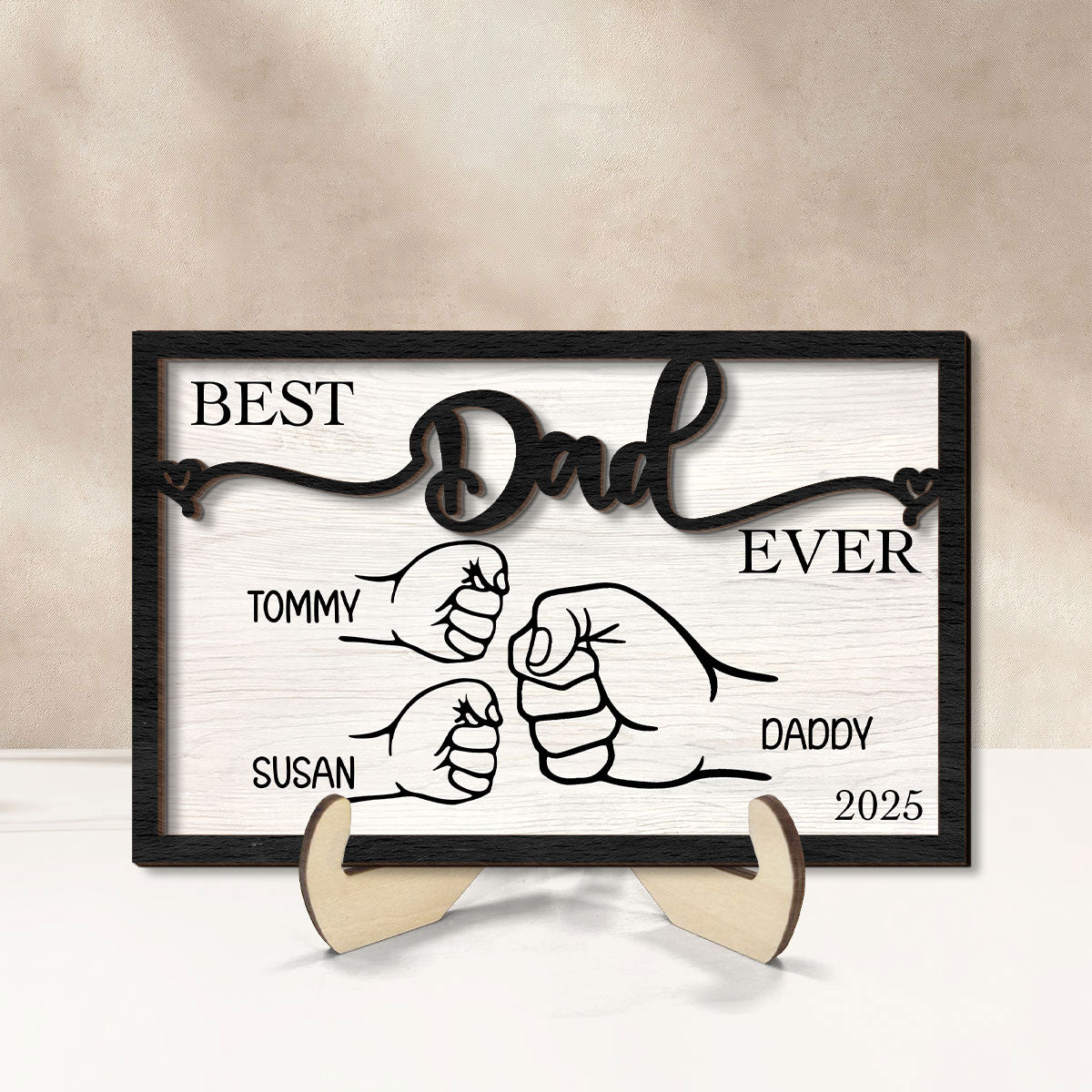 Personalized  Gift, Fist Bump Dad and Kids 2-Layer Wooden Plaque