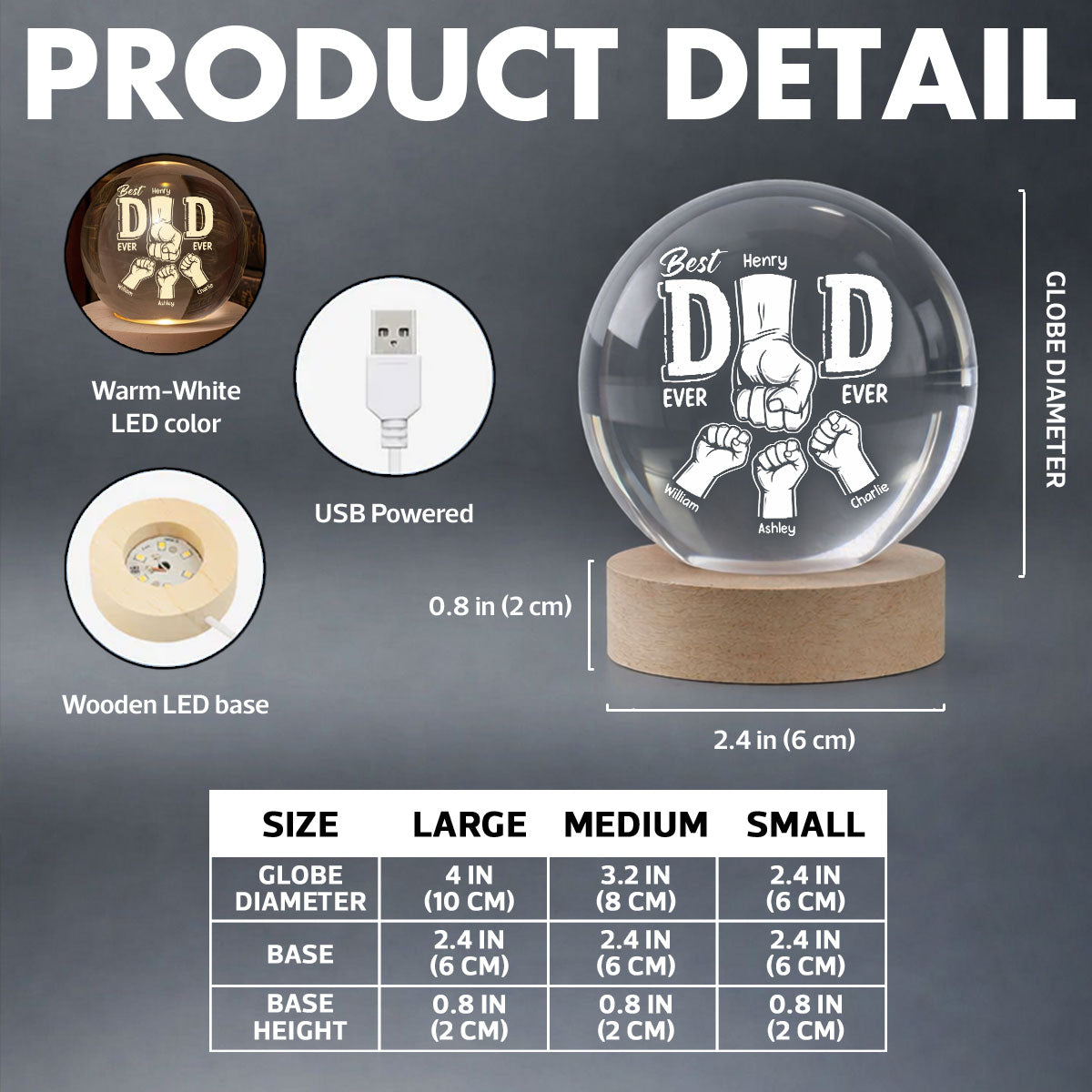 Best Dad Ever Fist Bump - Personalized Crystal Ball LED Night Light - Heartfelt Gift for Dad, Husband