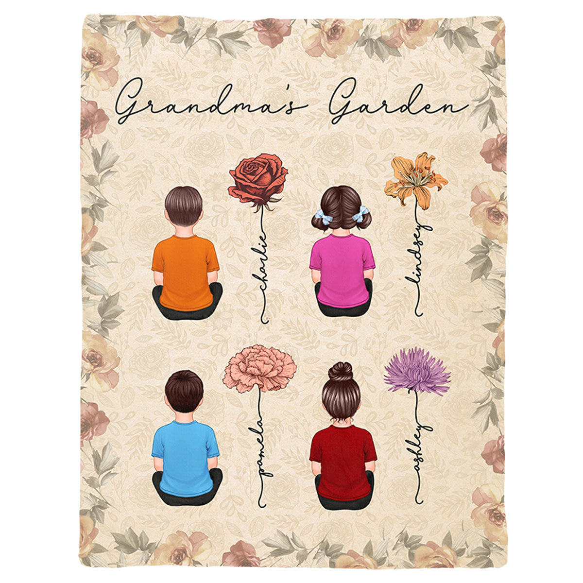 Grandkids Sitting Grandma Garden Vintage Birth Month Flowers Personalized Fleece Blanket