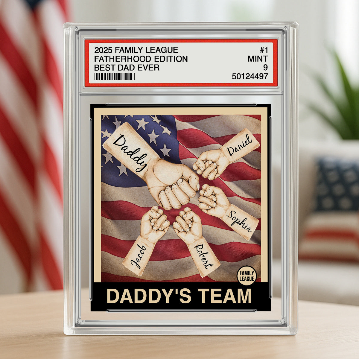 Daddy's Team Dad & Kids Fist Bumps Trading Card Style Personalized Acrylic Block Plaque