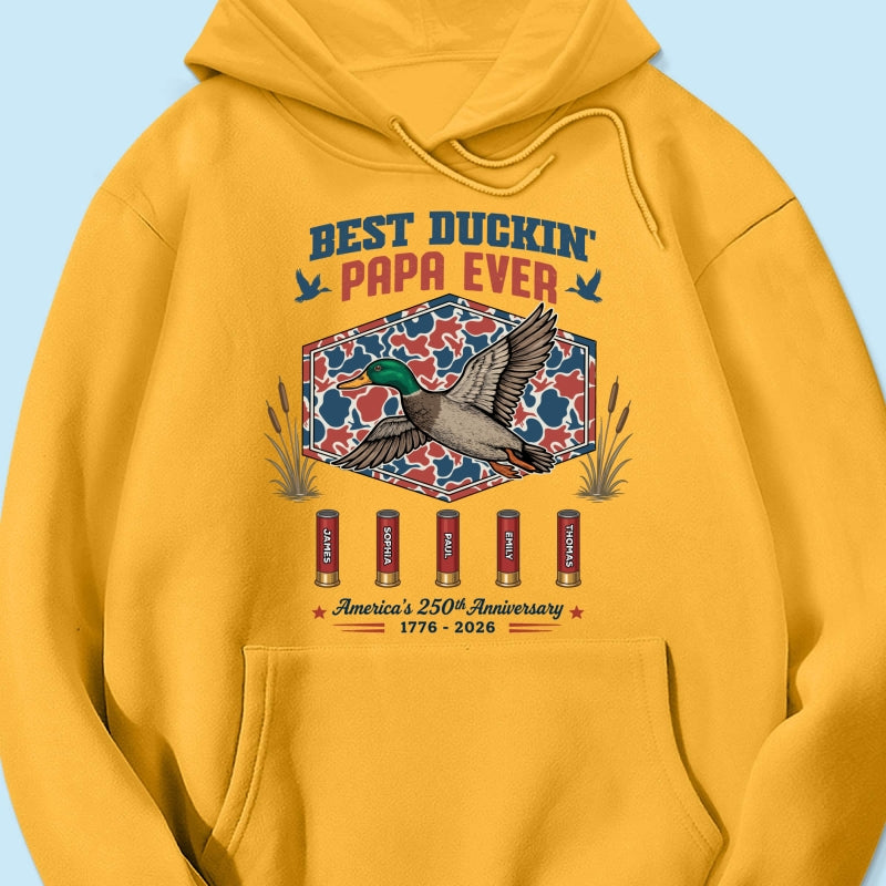 Best Duckin' Dad Grandpa Custom Kid Names - Personalized Shirt - American 250th Anniversary Gift For Patriotics Duck Hunting