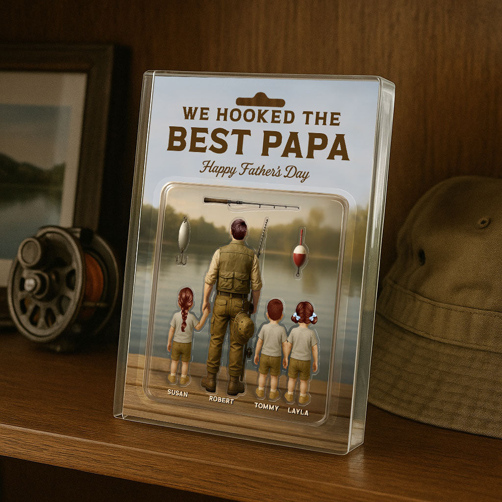 Dad And Kids Fishing Together Custom Figure Personalized Acrylic Block Plaque,  Gift For Fishing Dad, For Grandpa, For Husband