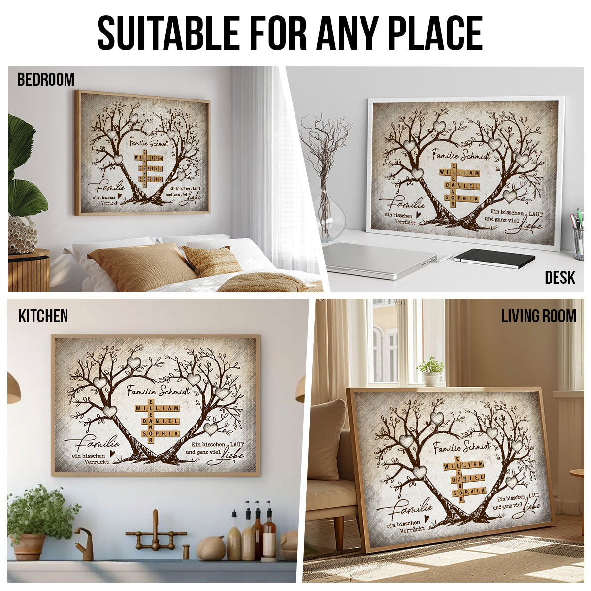 Personalisiertes Familien-Poster – Herzbaum & Kreuzwortrtsel – Fr immer verbunden – Geschenk fr Familie, Mann & Frau