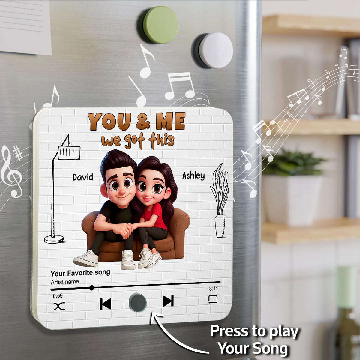 Cartoon Couple You & Me We Got This Personalized Music Fridge Magnet, Birthday, Anniversary Gift for him, Gift for her