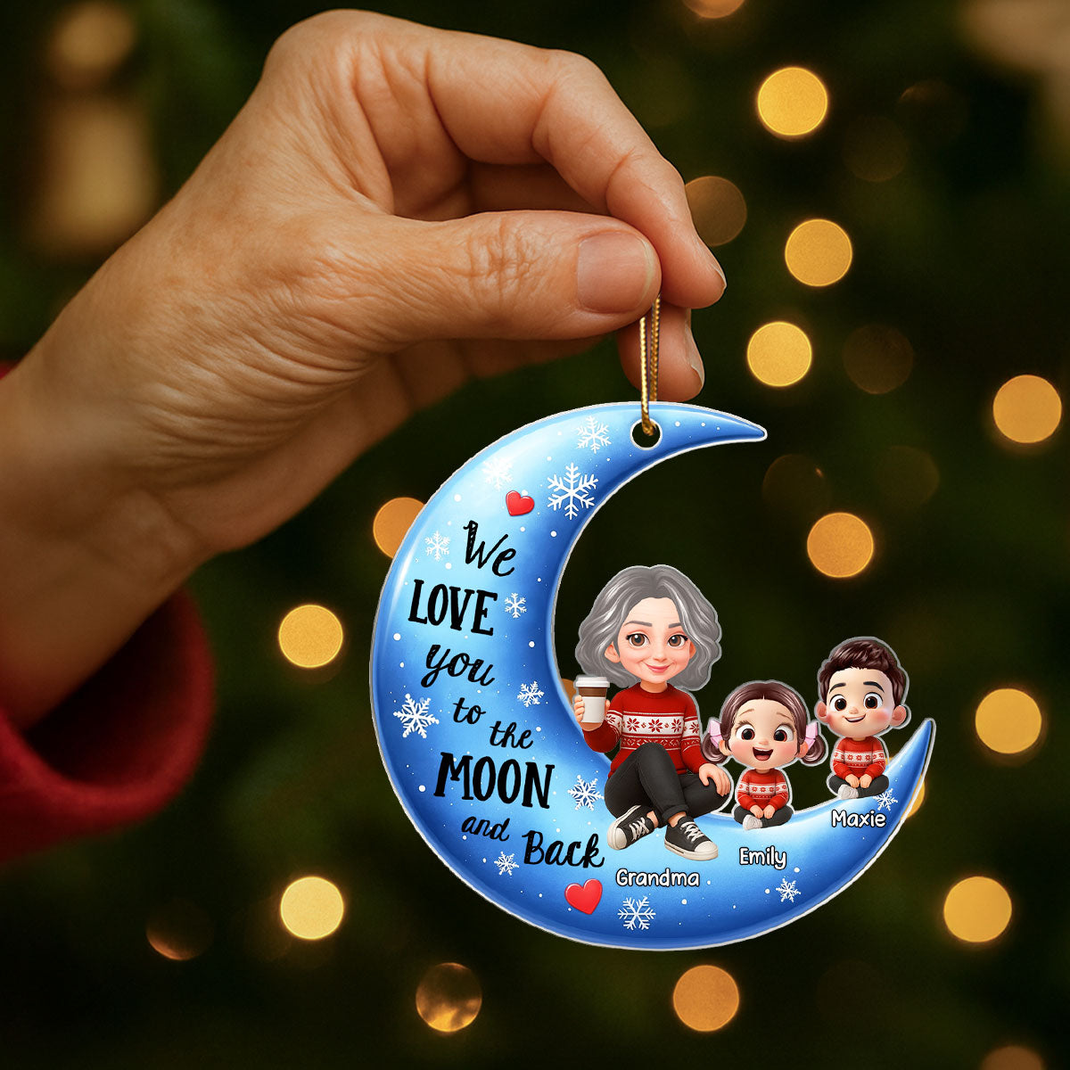 Cute Grandma Grandkids Sitting on Moon Personalized Acrylic Ornament, Christmas Gift for Grandma, Granddaughter, Grandson