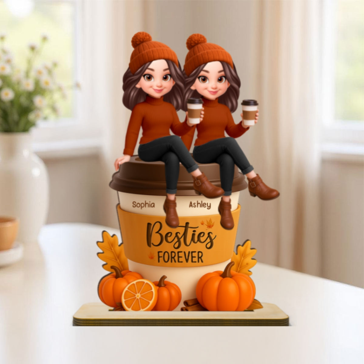 Fall Season Besties Sitting On Pumpkin Spice Latte - Personalized 2-Layered Wooden Plaque