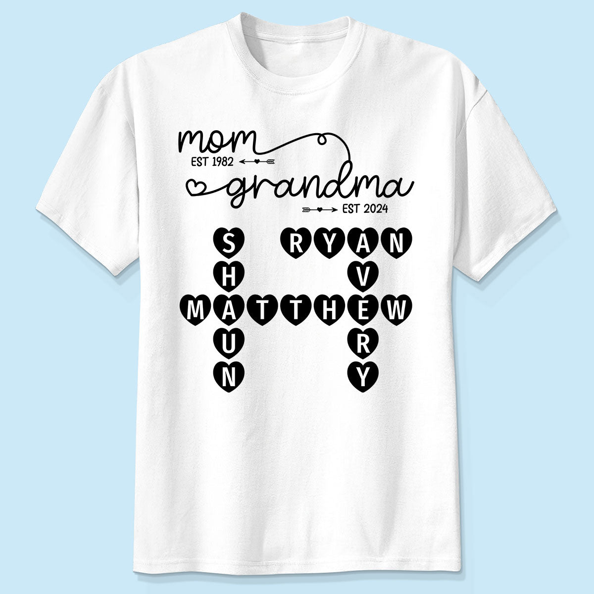 Mom Grandma Est. Swirl Crossword Puzzle Art Personalized Shirt