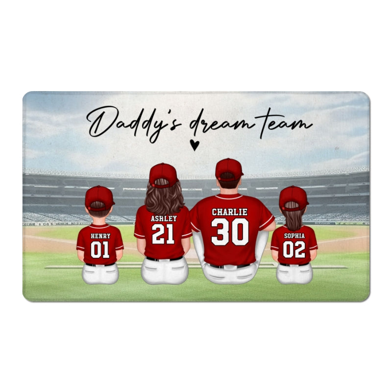 Daddy's Team Baseball Family Sitting Personalized Doormat, Father's Day Gift For Dad, Grandpa, Husband