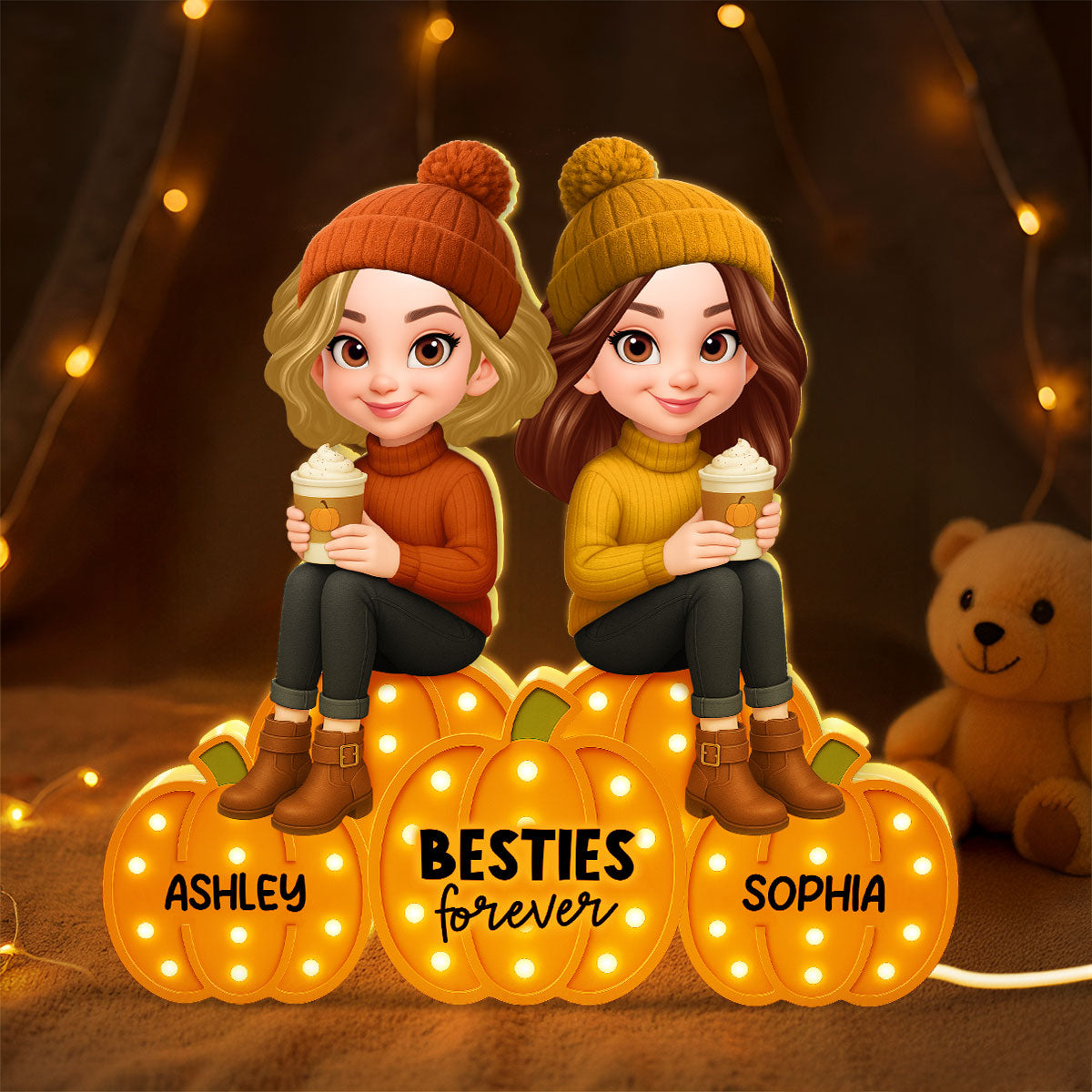 Besties Sisters Sitting On Pumpkins Marquee Pattern Effect Personalized LED Light Box, Cozy Fall Vibe Home Decoration