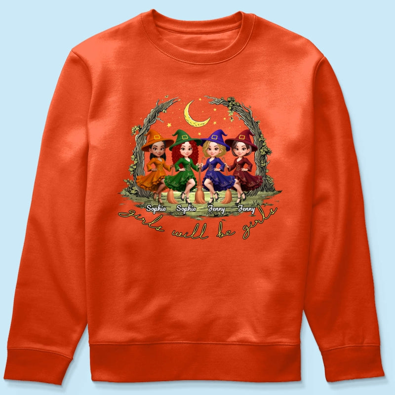 Halloween Witch Besties Sisters Friends Under Moon Personalized Sweatshirt, Halloween Matching Shirt