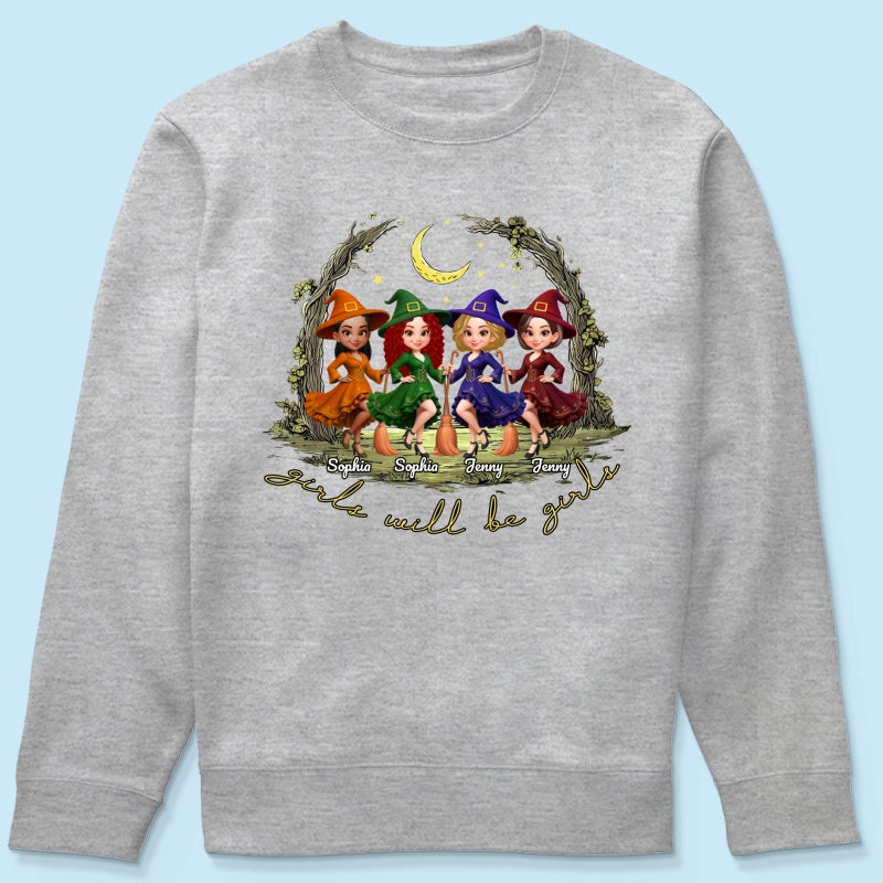 Halloween Witch Besties Sisters Friends Under Moon Personalized Sweatshirt, Halloween Matching Shirt