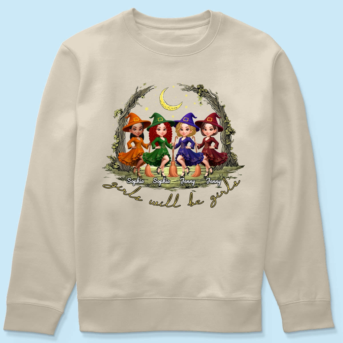 Halloween Witch Besties Sisters Friends Under Moon Personalized Sweatshirt, Halloween Matching Shirt