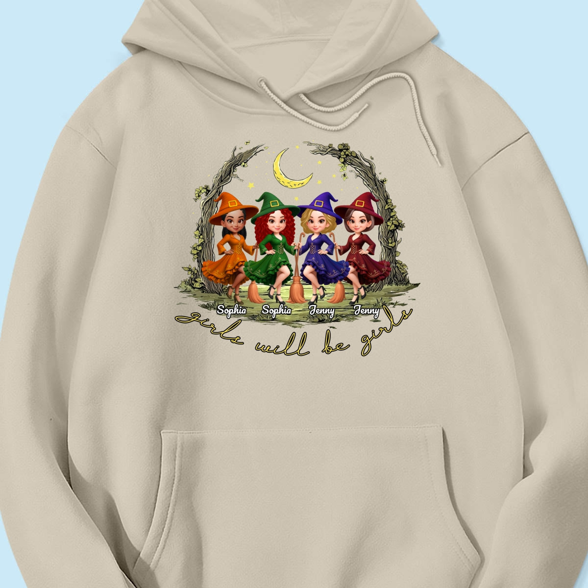 Halloween Witch Besties Sisters Friends Under Moon Personalized Sweatshirt, Halloween Matching Shirt
