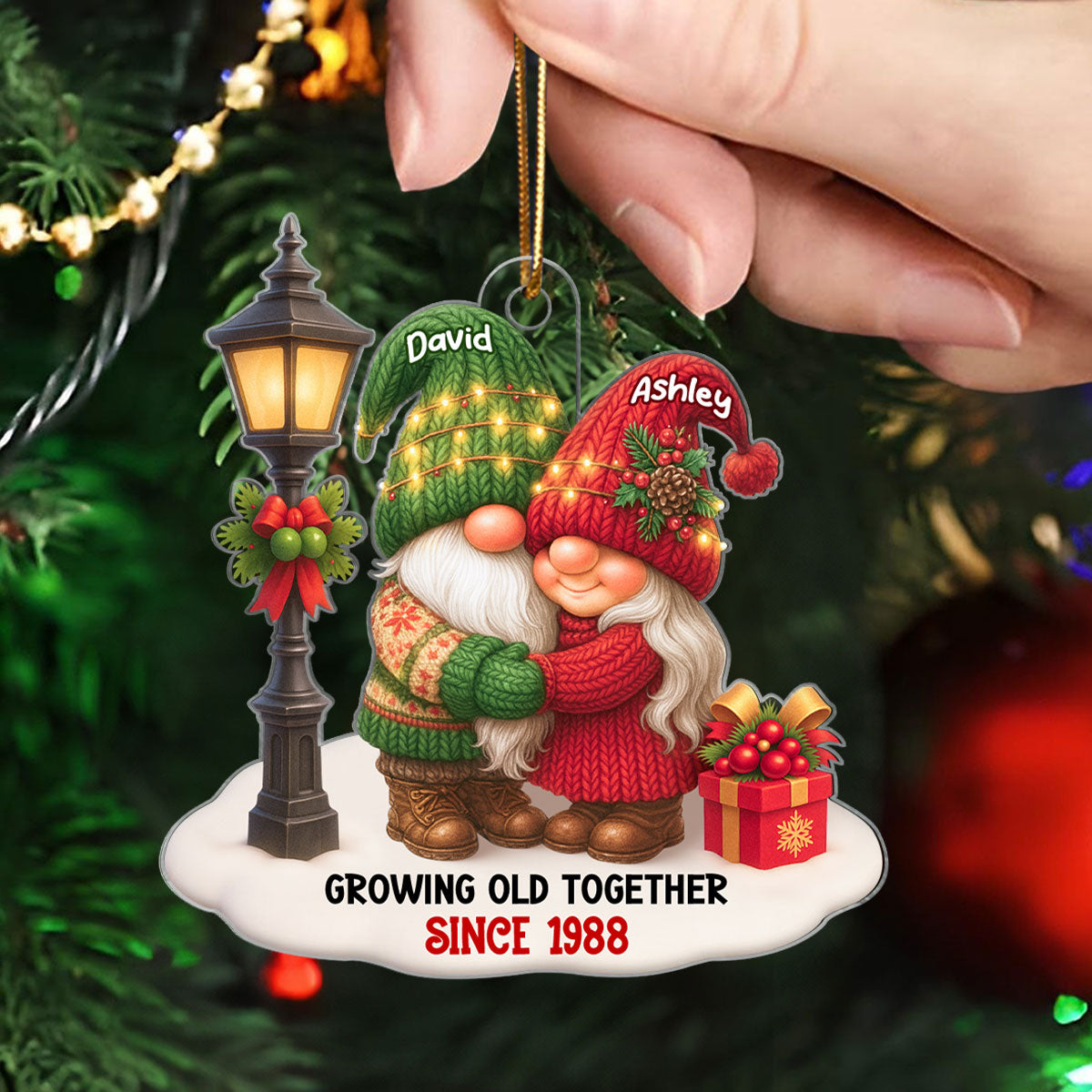 Gnome Christmas Couple Growing Old Together - Personalized Acrylic Ornament - Gift for Him, Gift for Her