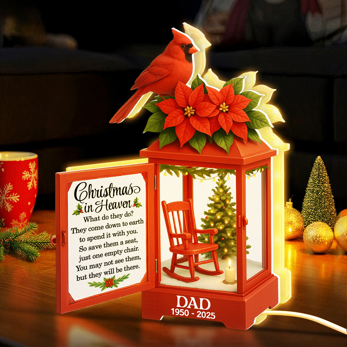 Christmas In Heaven Red Lantern - Personalized Light Box - Christmas Gift For Loss Of Loved Ones