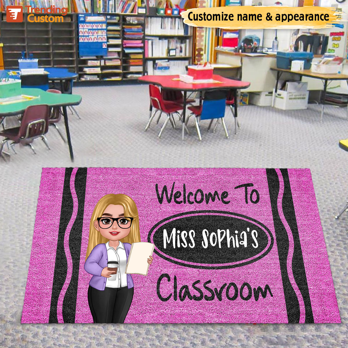Teacher Cute Crayon Pattern Welcome To Classroom Personalized Doormat| Back To School Gift, Classroom Decoration