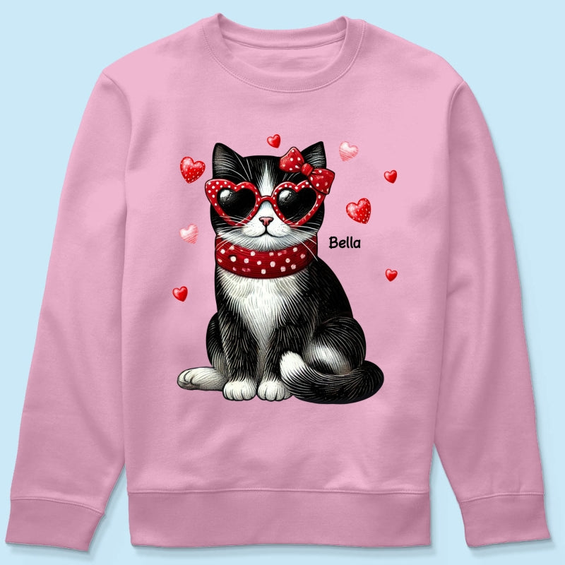 Retro Coquette Cat Sitting Sweatshirt, Personalized Sweatshirt For Cat Moms