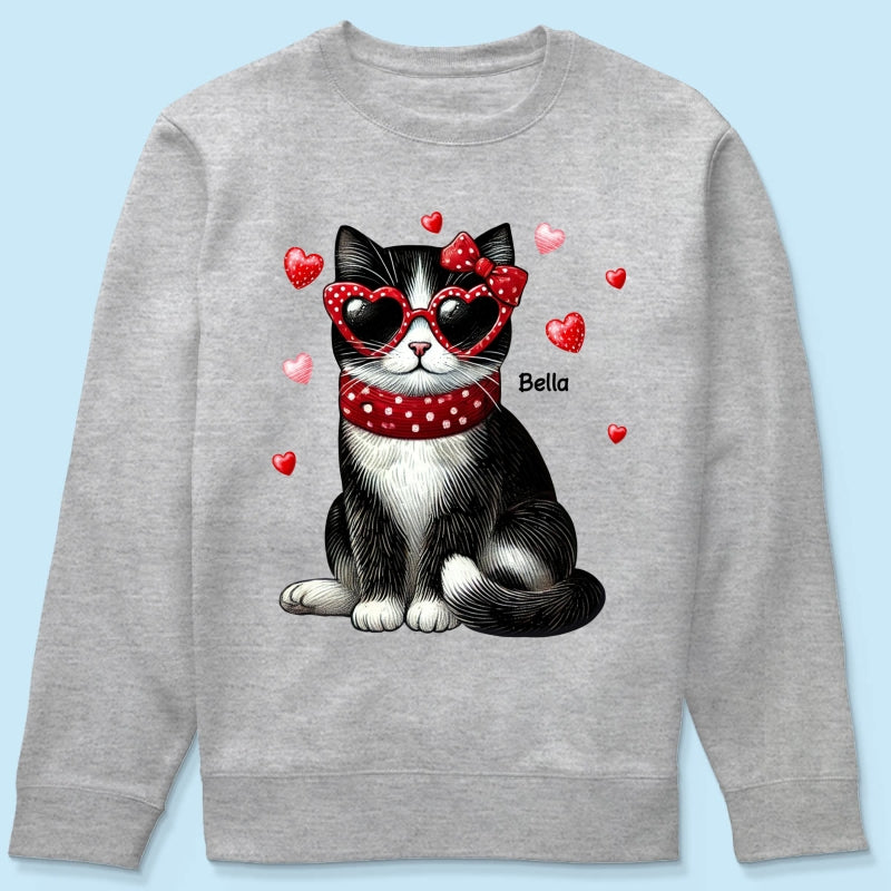 Retro Coquette Cat Sitting Sweatshirt, Personalized Sweatshirt For Cat Moms