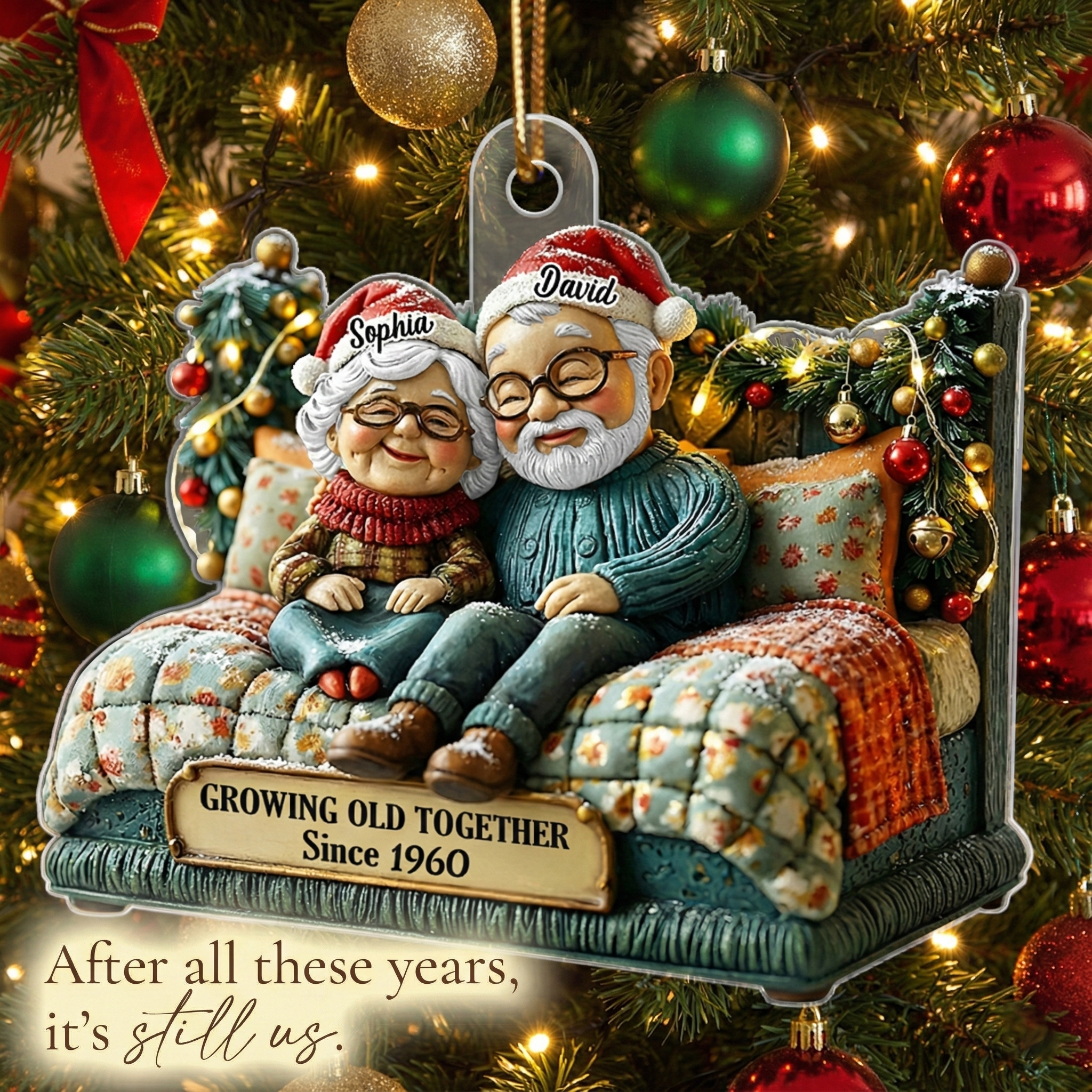 Growing Old Together Old Couple - Personalized Acrylic Ornament - Heartwarming Christmas Gift For Him, For Her, For Couple