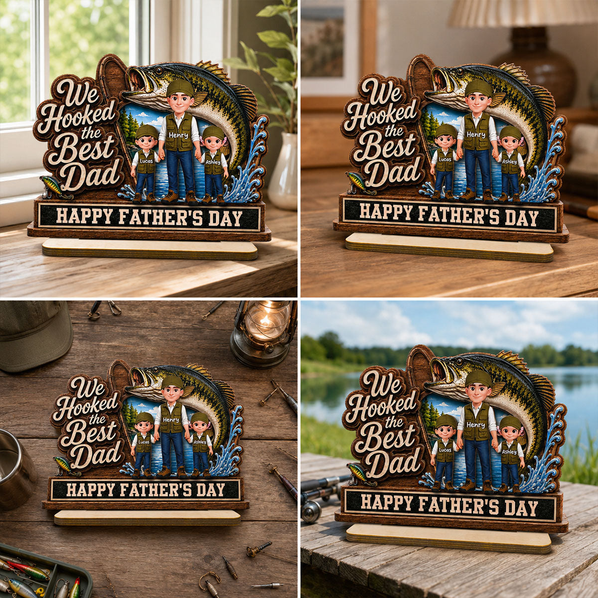 We Hooked The Best Dad Fishing Man & Kids 2D Flat - Personalized 2-Layered Wooden Plaque -  Gift For Fishing Dad