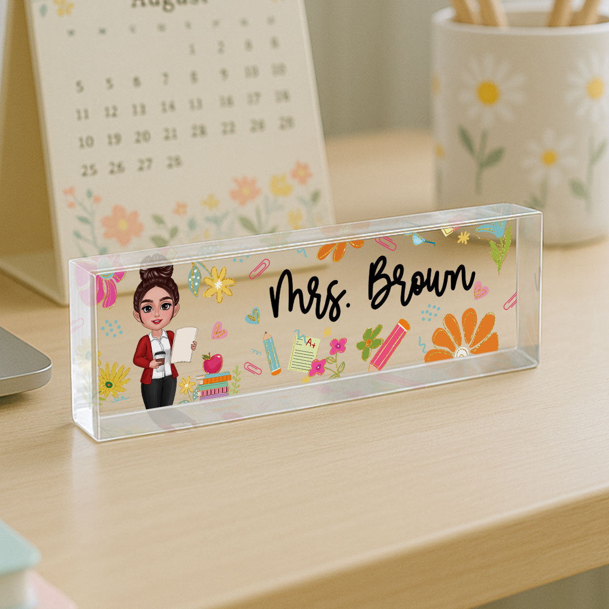 Teacher Floral Pattern Personalized Acrylic Desk Name Plate, Back To School Gift For Teacher