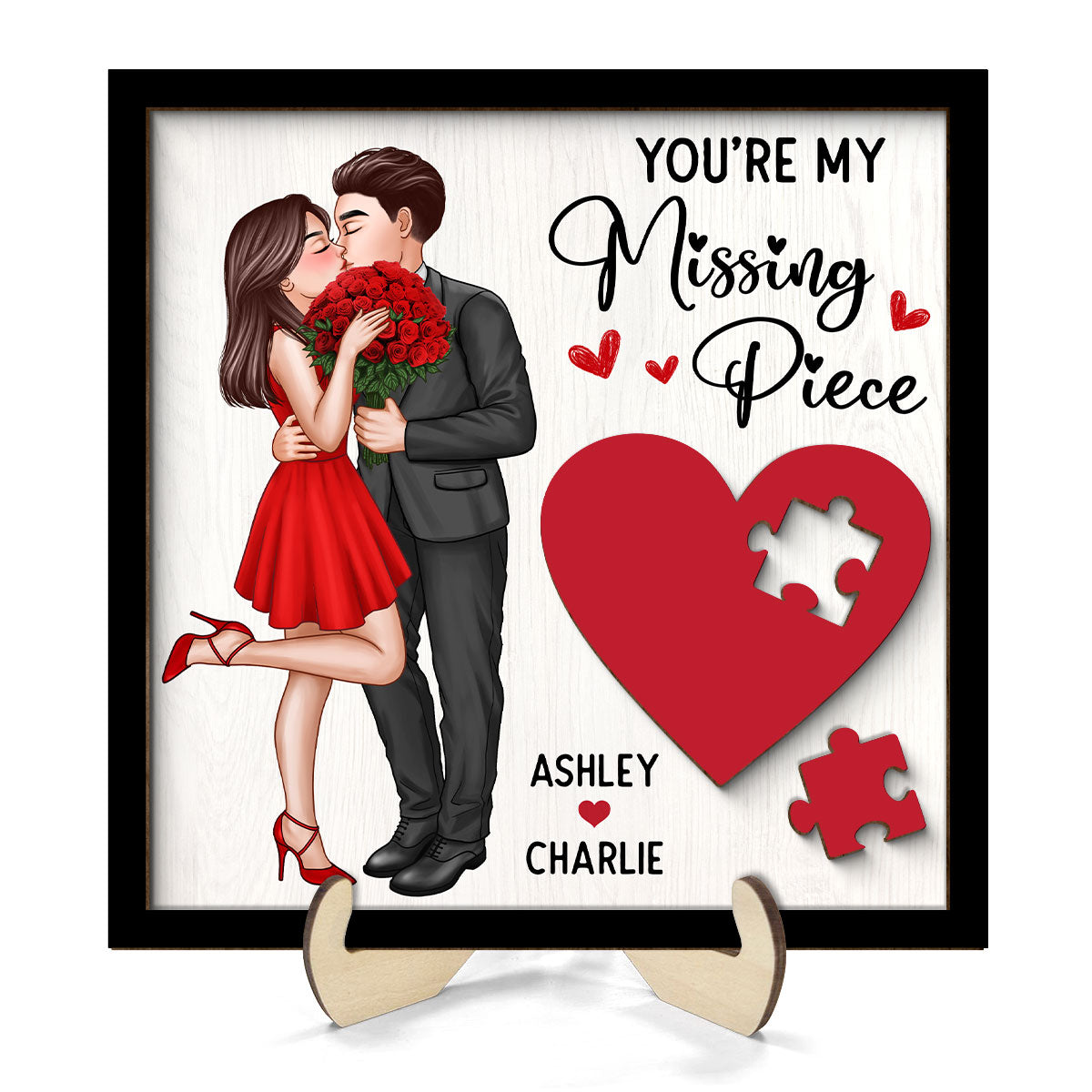 Elegant Couple Kissing Missing Piece Red Heart Valentine‘s Day Gift For Her Gift For Him Personalized 2-Layer Wooden Plaque