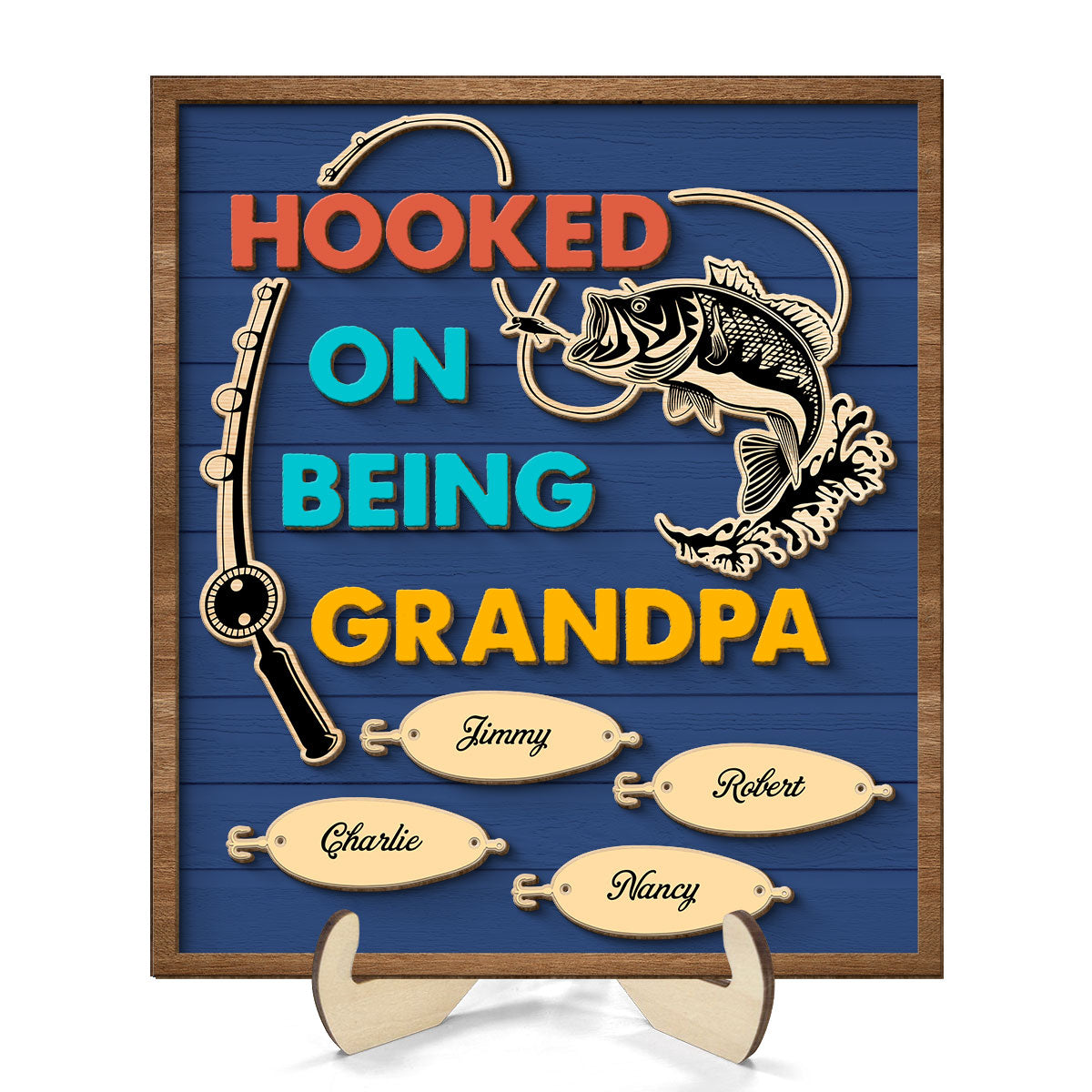 Hooked On Being Grandpa Fishing Personalized 2-Layer Wooden Plaque