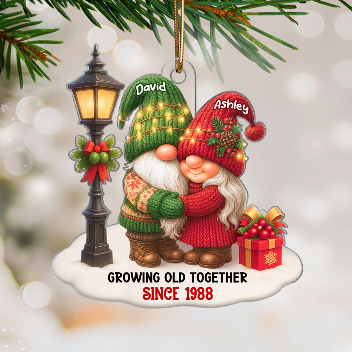 Gnome Christmas Couple Growing Old Together - Personalized Acrylic Ornament - Gift for Him, Gift for Her